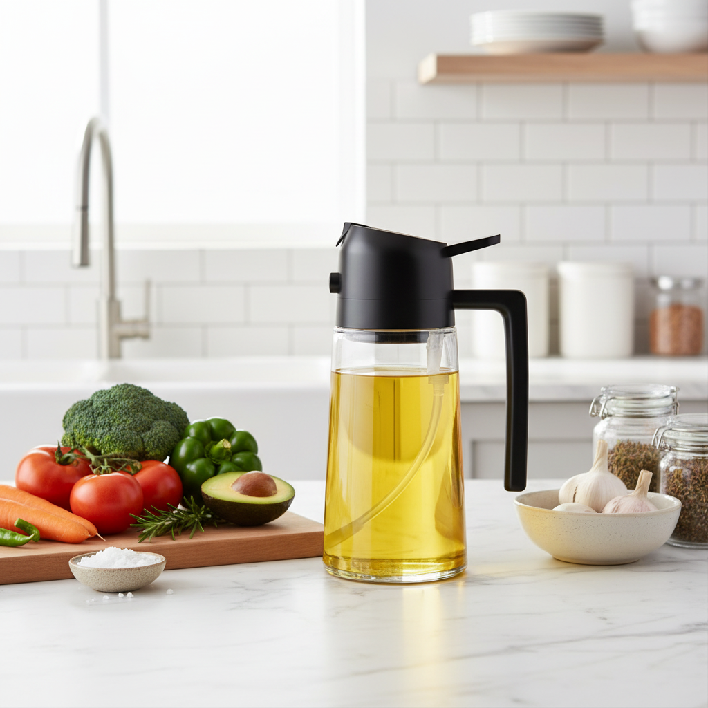 Oil dispenser on kitchen counter - Organized cooking setup