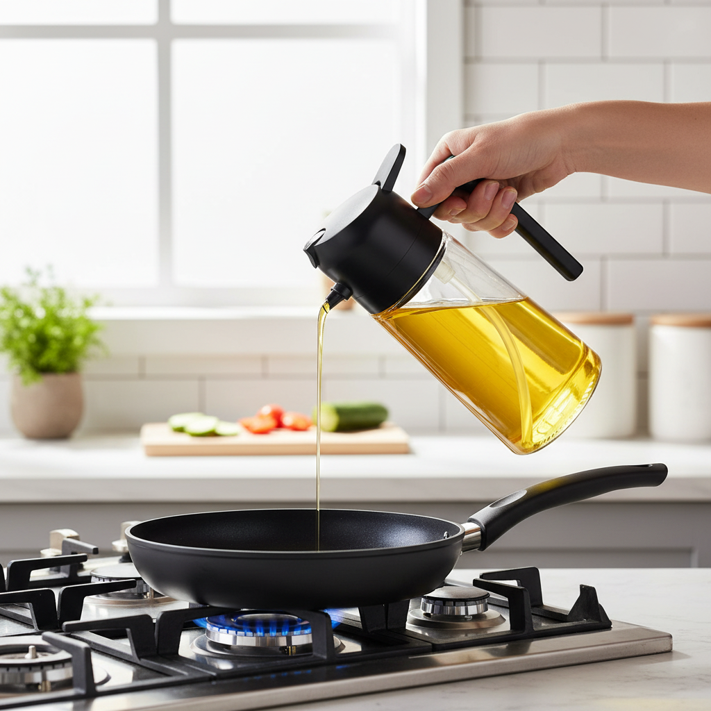 Oil dispenser in use - One-handed pouring in modern kitchen